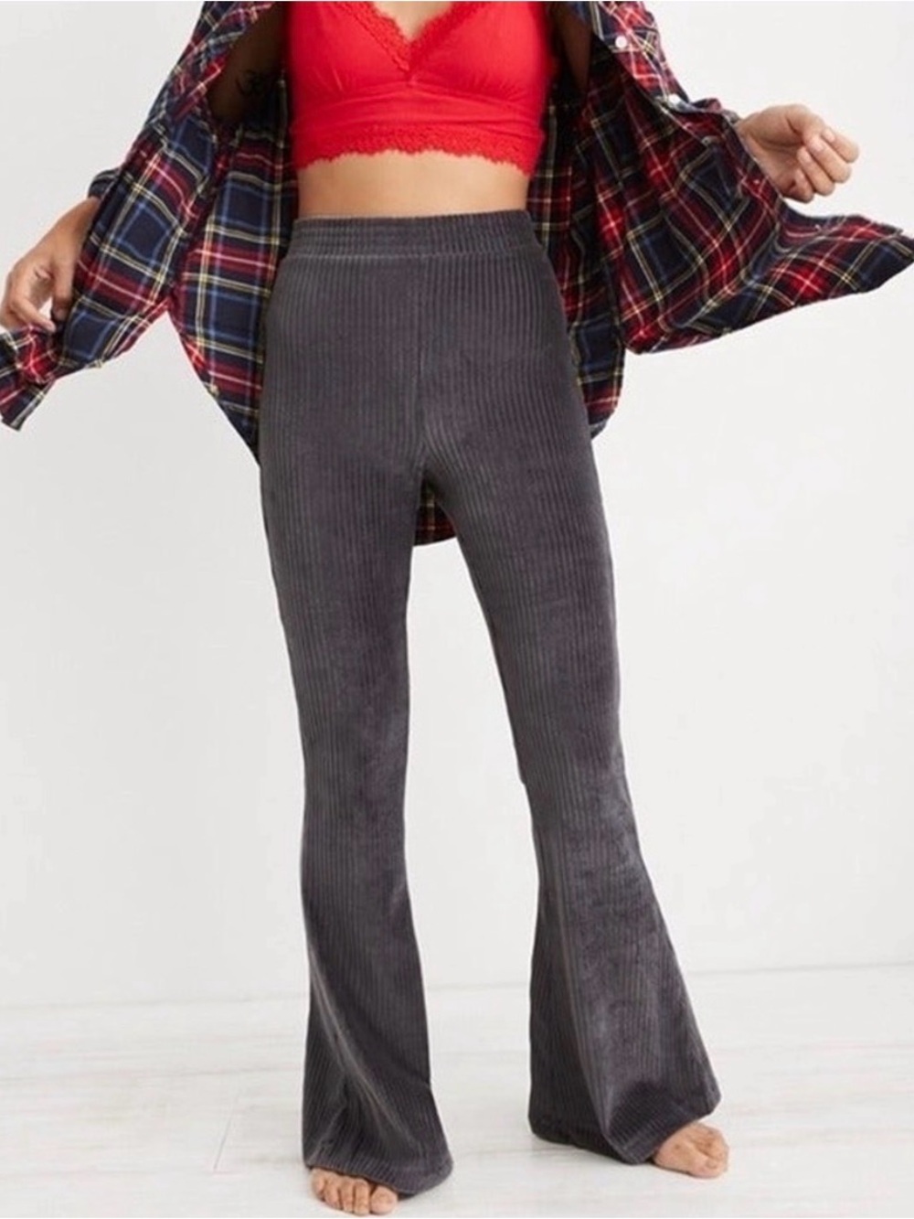 Aerie Groove On Velour Soft Ribbed Flare Dark Gray Charcoal Pants Medium Regular